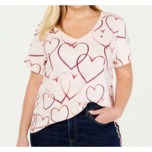 Tommy Hilfiger V-Neck Cotton T-‎ Shirt Pink Hearts Print , Size 1X